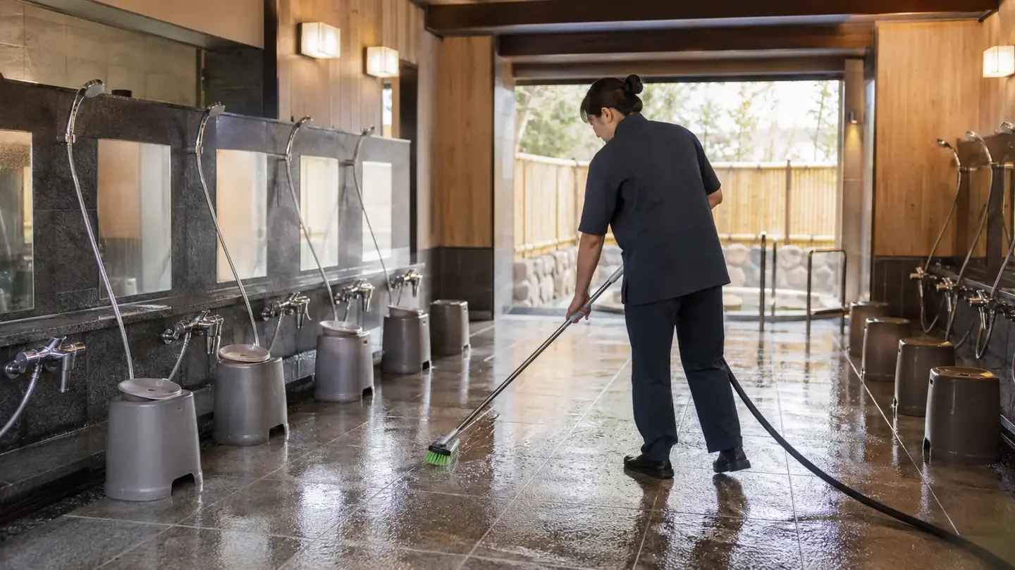 温浴施設の浴室を清掃するスタッフ
