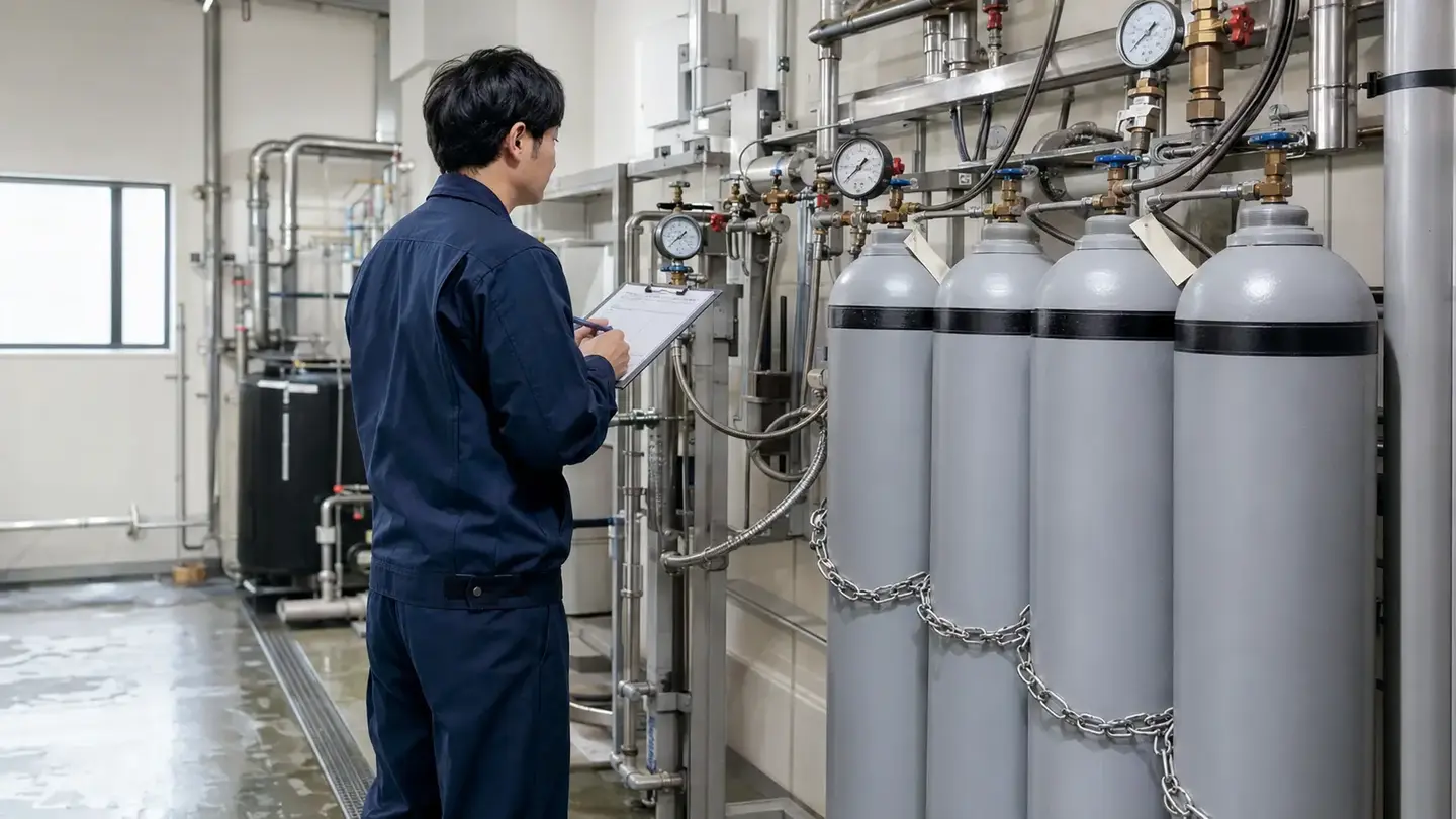 人工炭酸泉設備と炭酸ガスボンベを点検するスタッフ